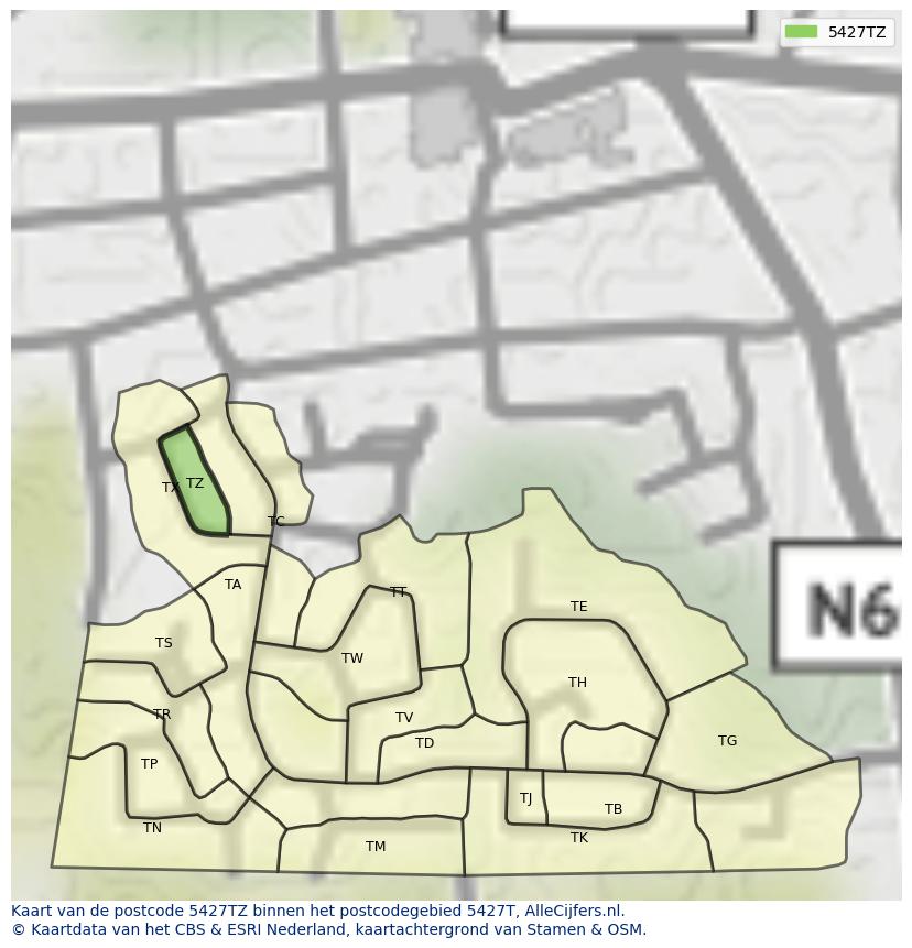 Afbeelding van het postcodegebied 5427 TZ op de kaart.
