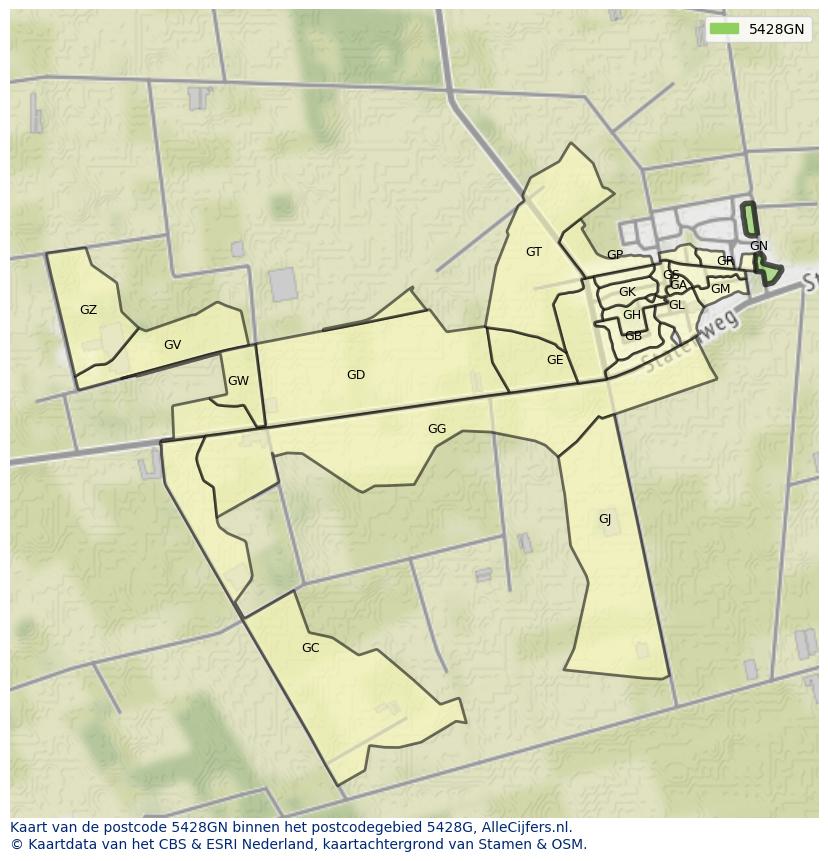 Afbeelding van het postcodegebied 5428 GN op de kaart.