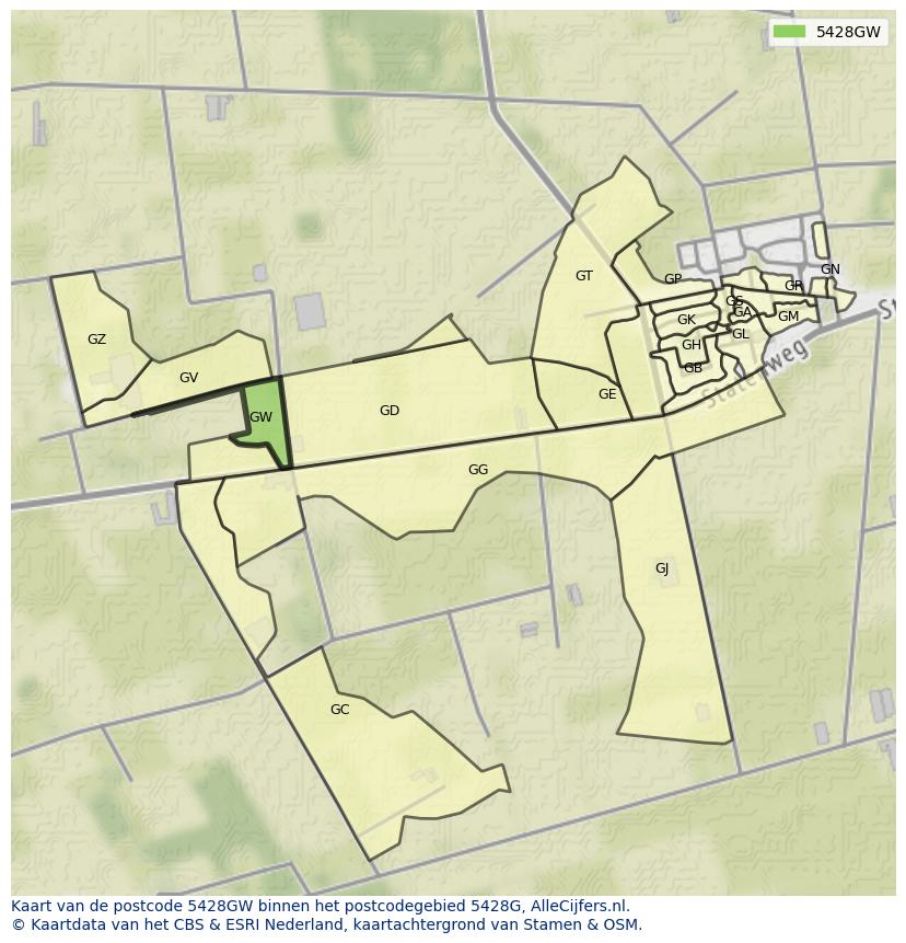 Afbeelding van het postcodegebied 5428 GW op de kaart.