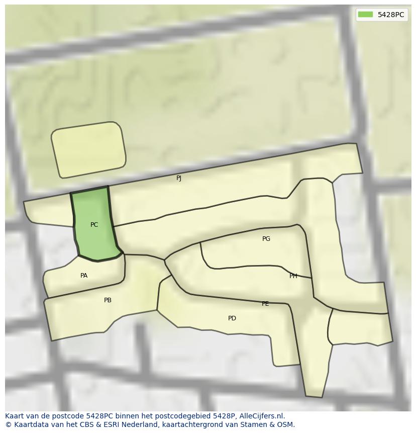 Afbeelding van het postcodegebied 5428 PC op de kaart.