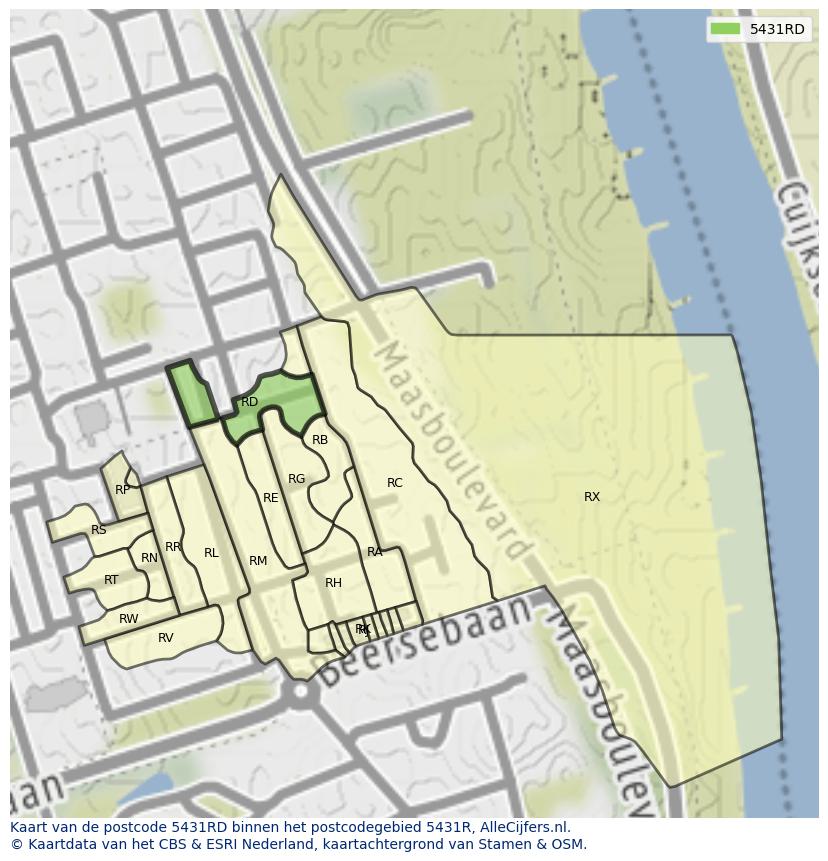 Afbeelding van het postcodegebied 5431 RD op de kaart.
