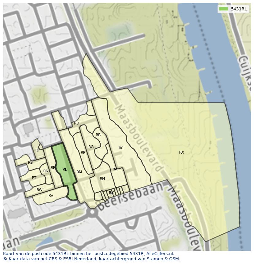 Afbeelding van het postcodegebied 5431 RL op de kaart.