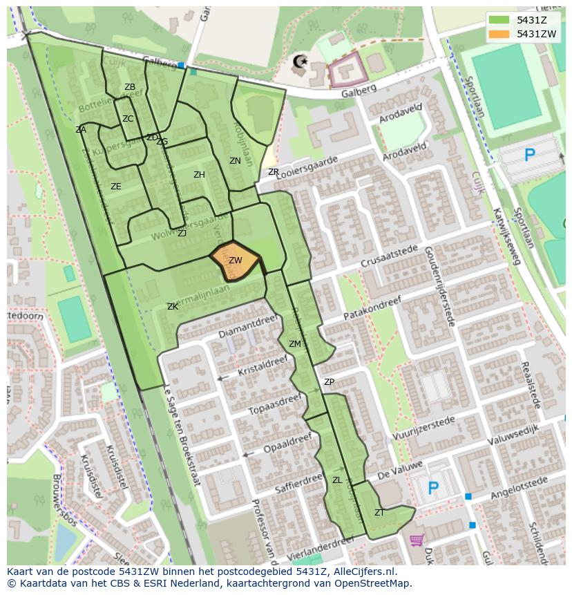 Afbeelding van het postcodegebied 5431 ZW op de kaart.