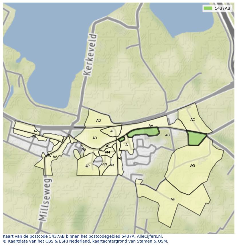 Afbeelding van het postcodegebied 5437 AB op de kaart.