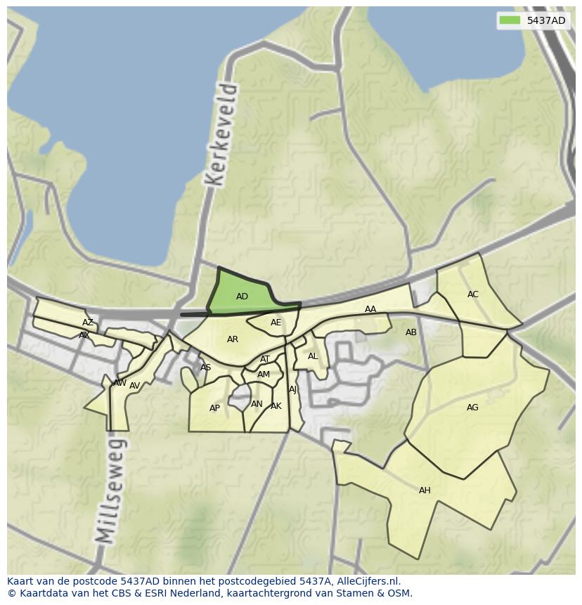 Afbeelding van het postcodegebied 5437 AD op de kaart.
