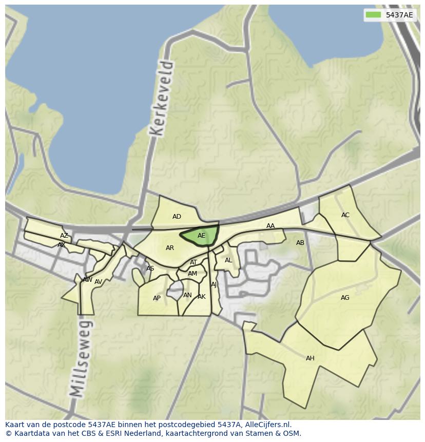 Afbeelding van het postcodegebied 5437 AE op de kaart.