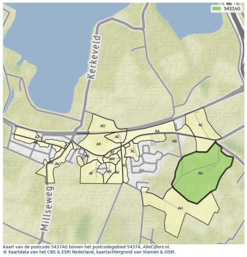 Afbeelding van het postcodegebied 5437 AG op de kaart.