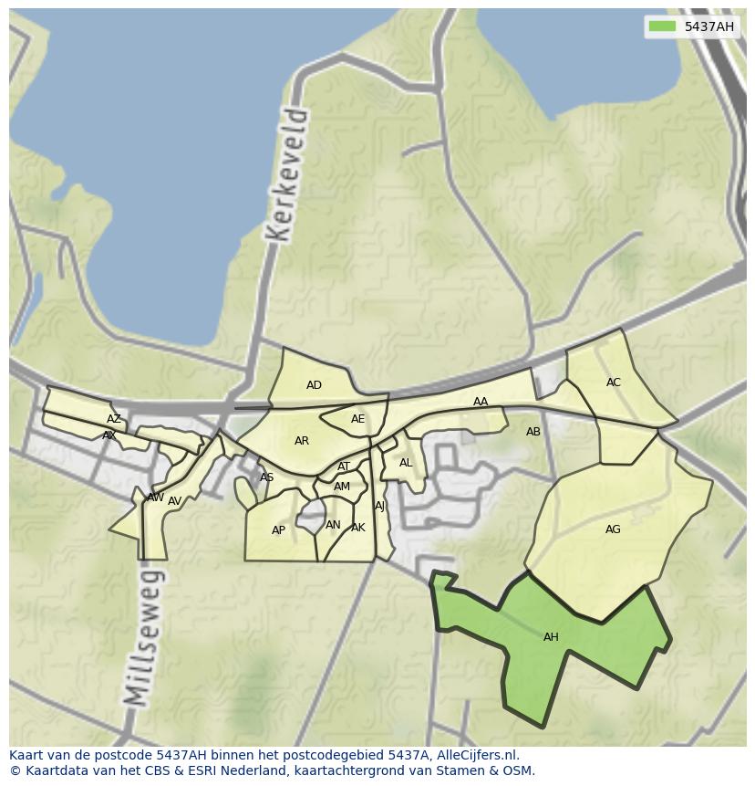 Afbeelding van het postcodegebied 5437 AH op de kaart.