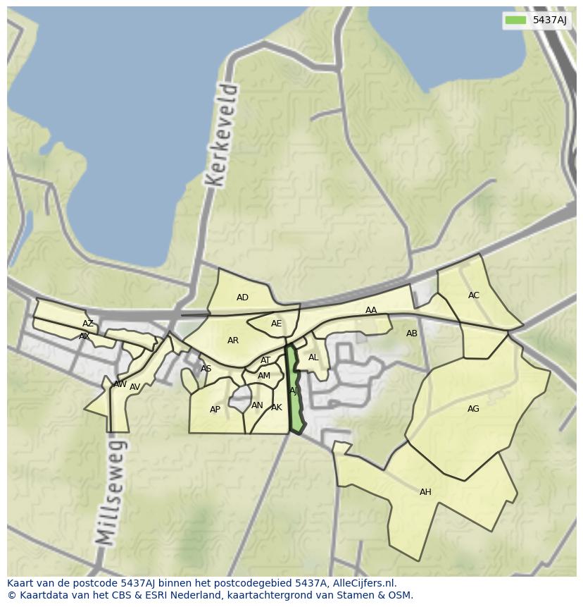 Afbeelding van het postcodegebied 5437 AJ op de kaart.