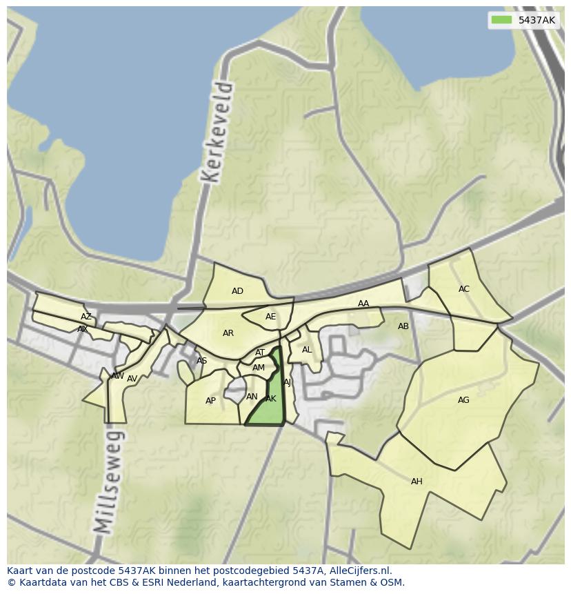 Afbeelding van het postcodegebied 5437 AK op de kaart.
