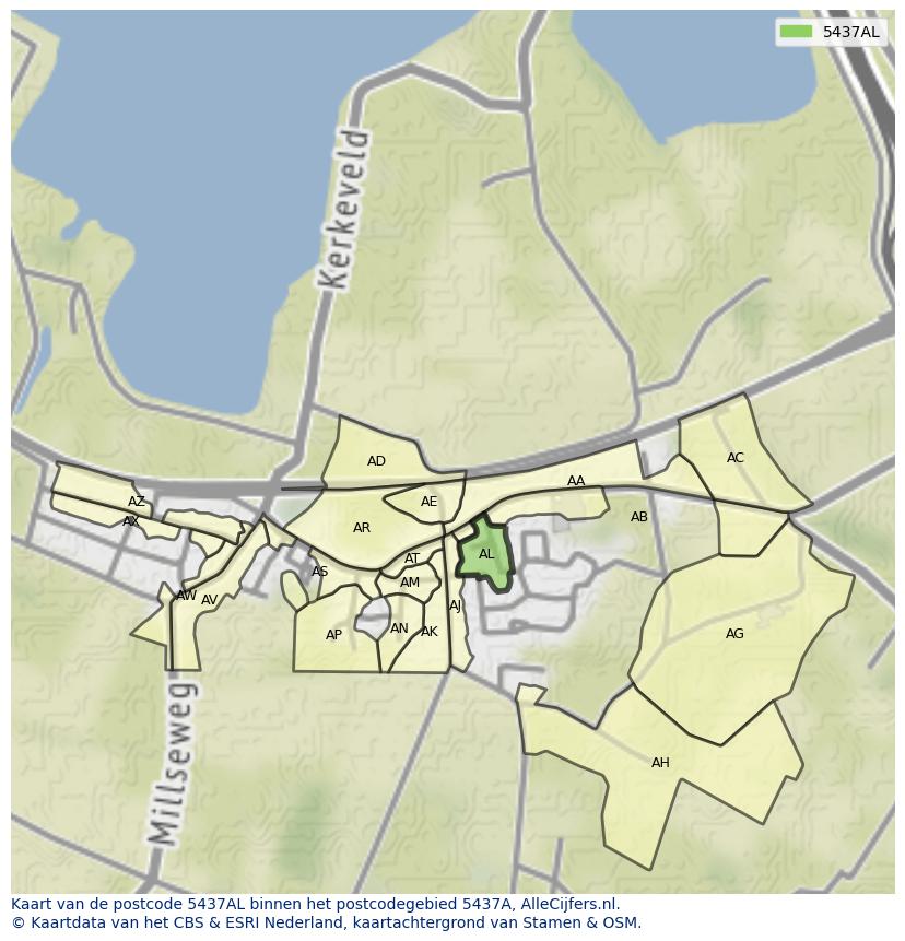 Afbeelding van het postcodegebied 5437 AL op de kaart.