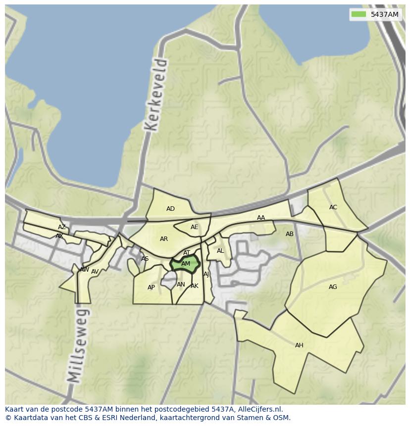 Afbeelding van het postcodegebied 5437 AM op de kaart.