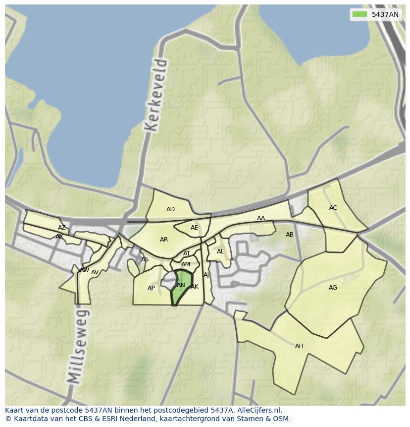 Afbeelding van het postcodegebied 5437 AN op de kaart.