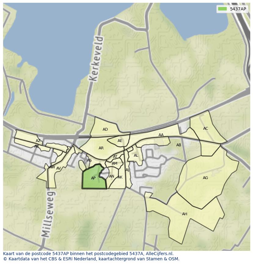 Afbeelding van het postcodegebied 5437 AP op de kaart.