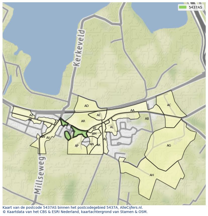 Afbeelding van het postcodegebied 5437 AS op de kaart.