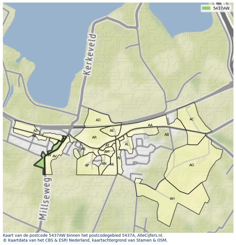 Afbeelding van het postcodegebied 5437 AW op de kaart.