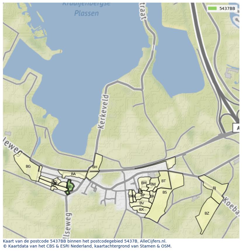 Afbeelding van het postcodegebied 5437 BB op de kaart.