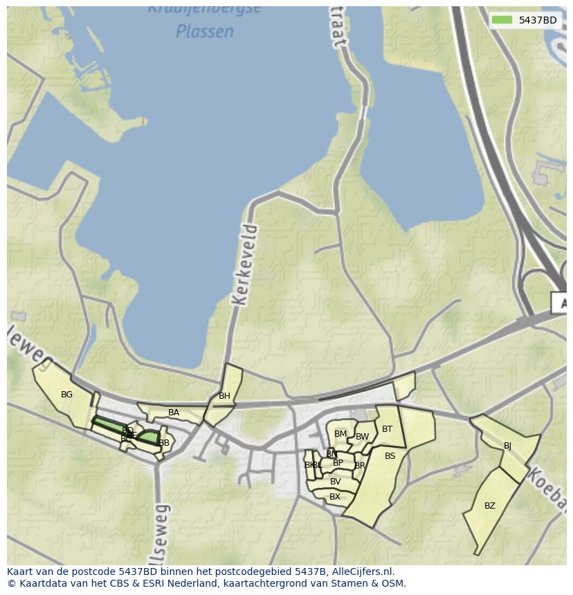Afbeelding van het postcodegebied 5437 BD op de kaart.