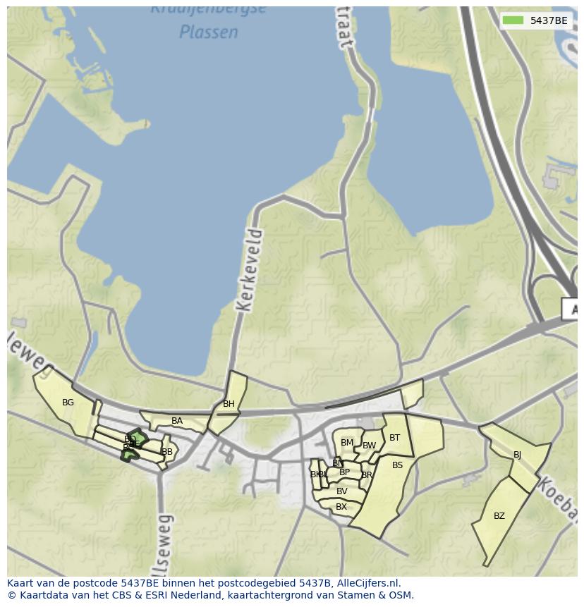 Afbeelding van het postcodegebied 5437 BE op de kaart.