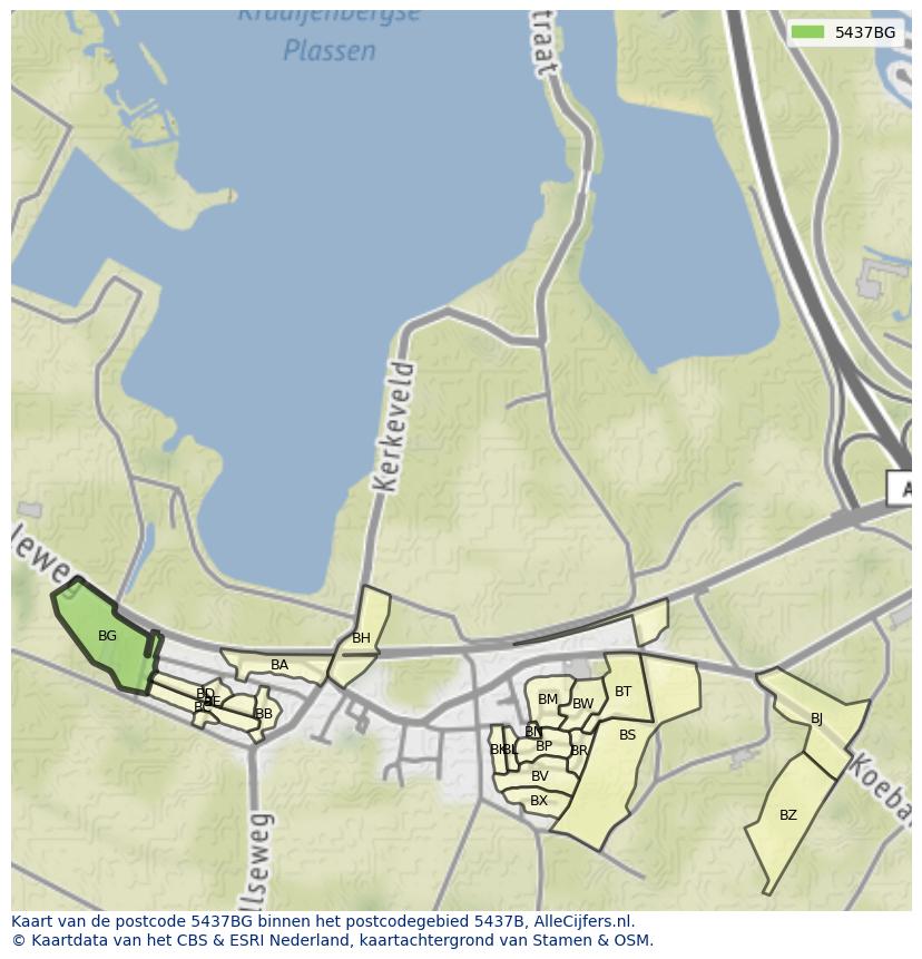 Afbeelding van het postcodegebied 5437 BG op de kaart.