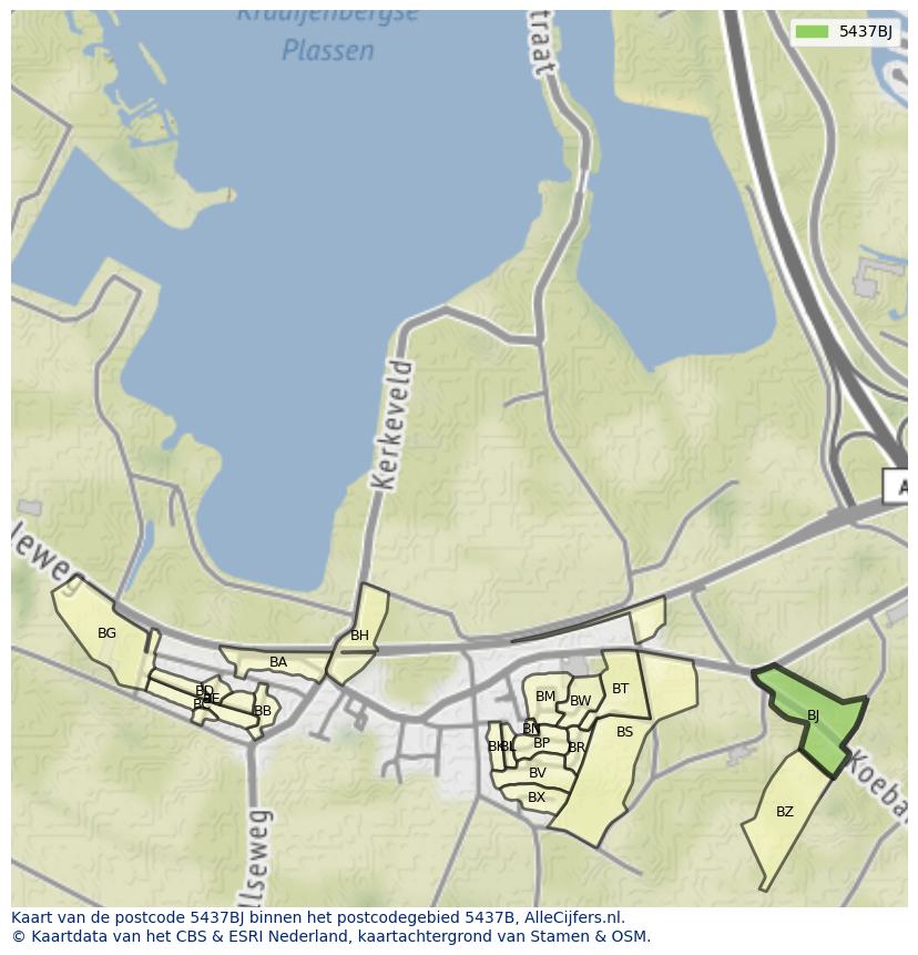 Afbeelding van het postcodegebied 5437 BJ op de kaart.
