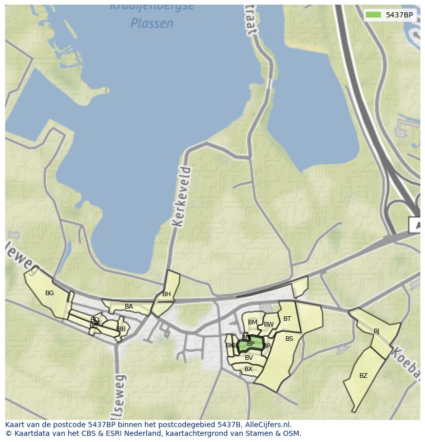 Afbeelding van het postcodegebied 5437 BP op de kaart.