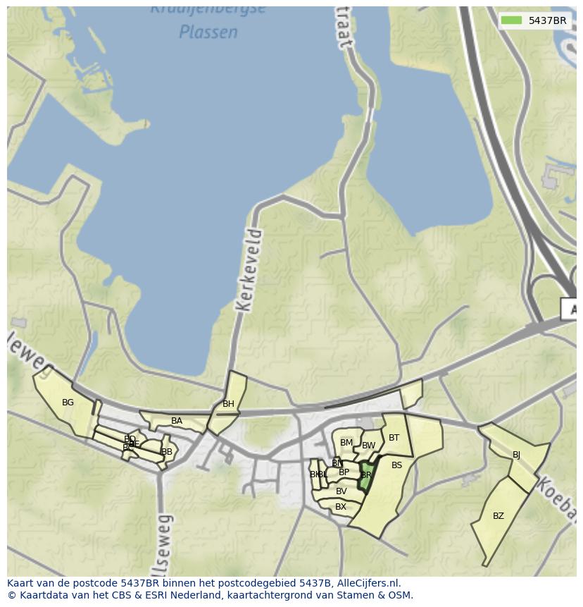 Afbeelding van het postcodegebied 5437 BR op de kaart.