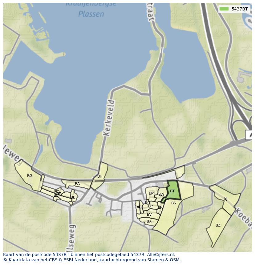 Afbeelding van het postcodegebied 5437 BT op de kaart.