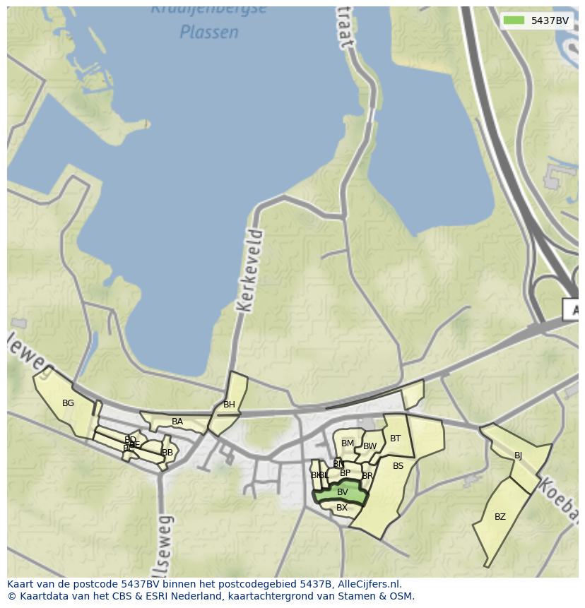 Afbeelding van het postcodegebied 5437 BV op de kaart.