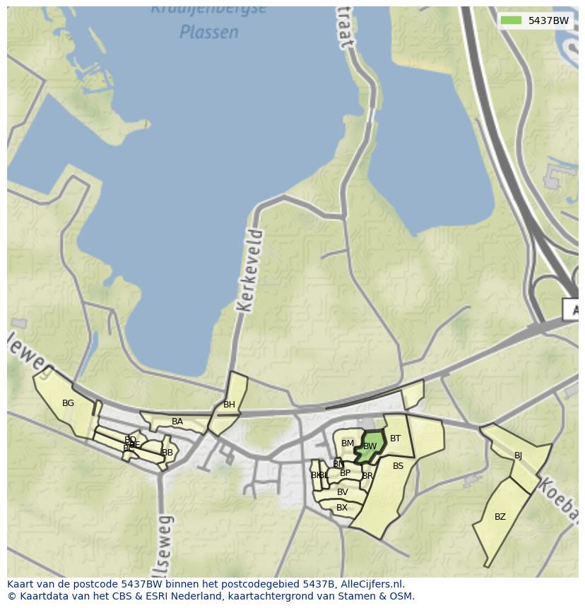 Afbeelding van het postcodegebied 5437 BW op de kaart.