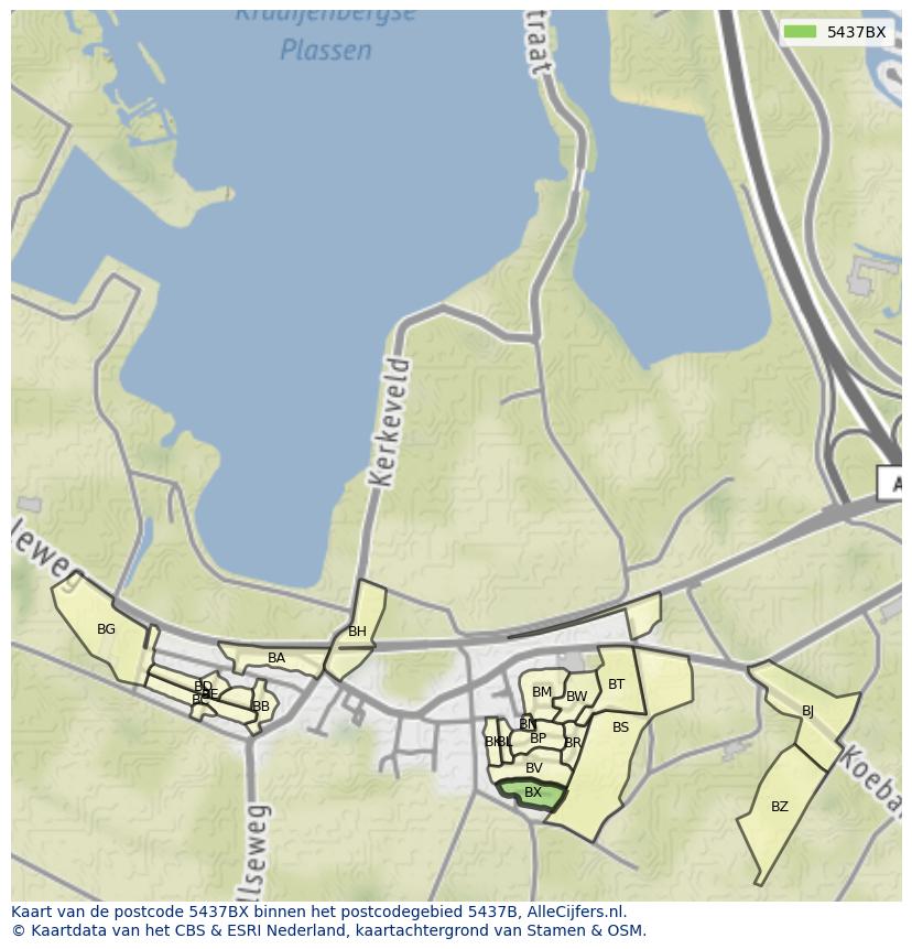 Afbeelding van het postcodegebied 5437 BX op de kaart.