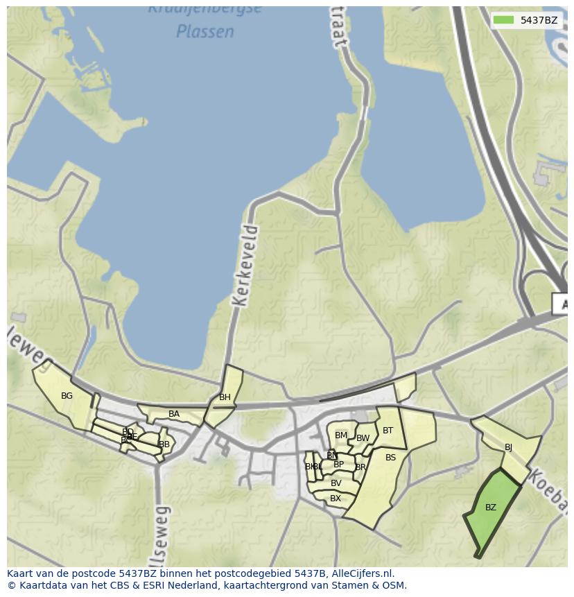 Afbeelding van het postcodegebied 5437 BZ op de kaart.