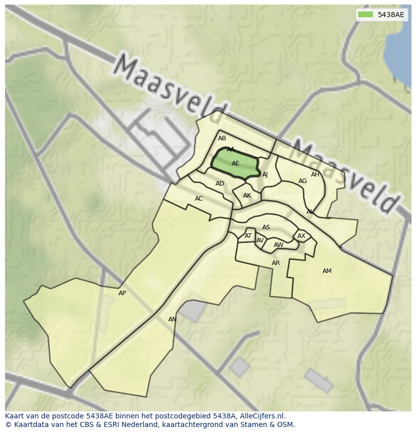 Afbeelding van het postcodegebied 5438 AE op de kaart.