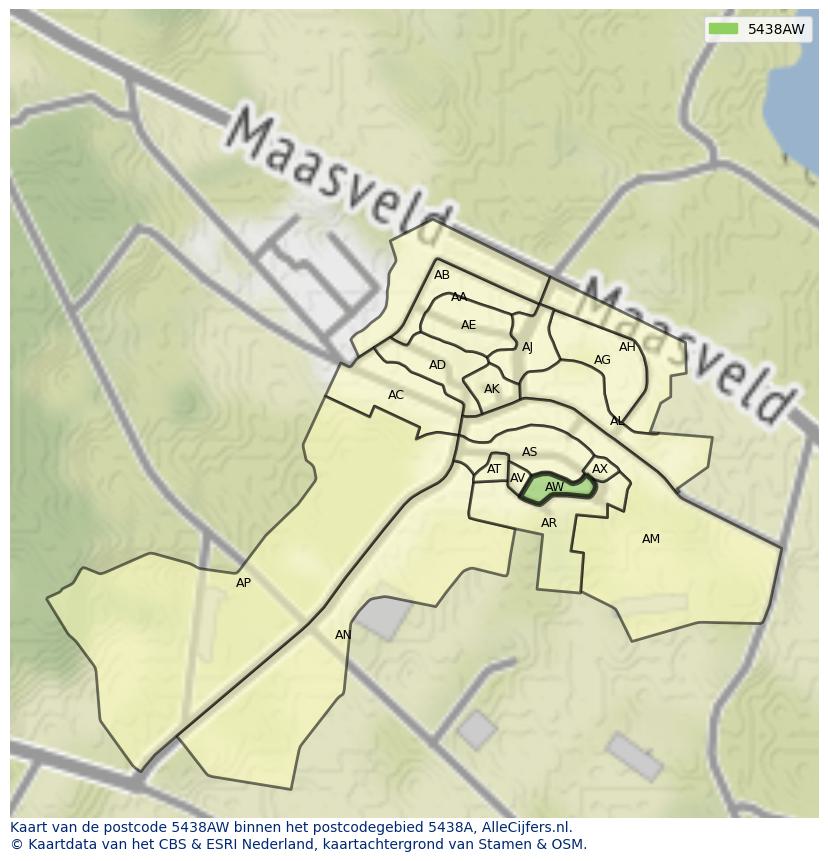 Afbeelding van het postcodegebied 5438 AW op de kaart.