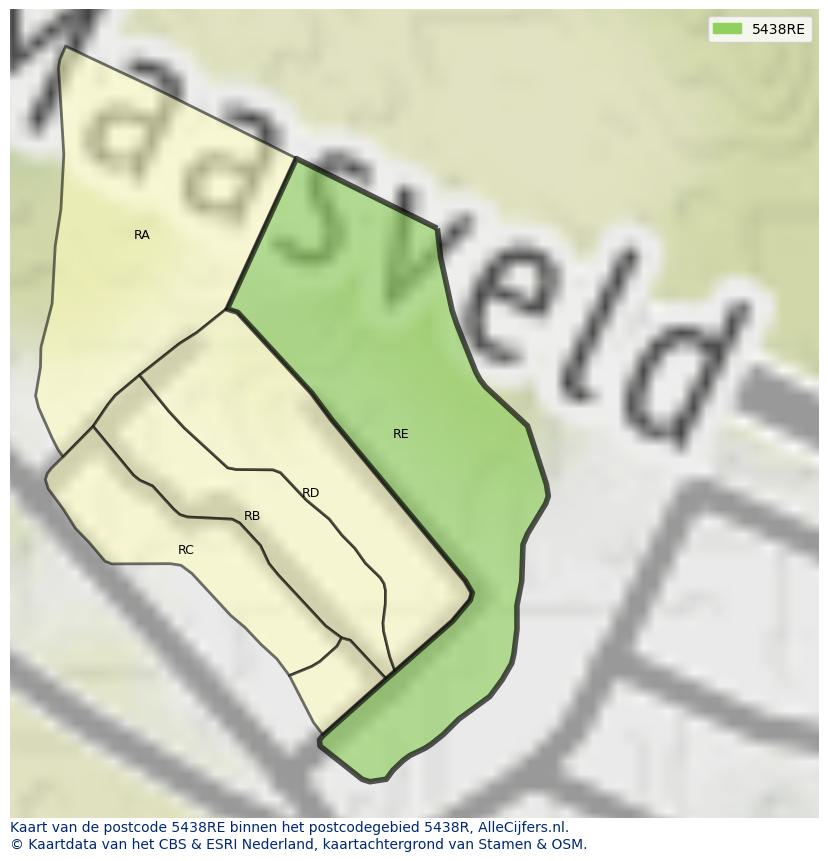Afbeelding van het postcodegebied 5438 RE op de kaart.