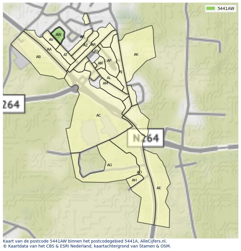 Afbeelding van het postcodegebied 5441 AW op de kaart.