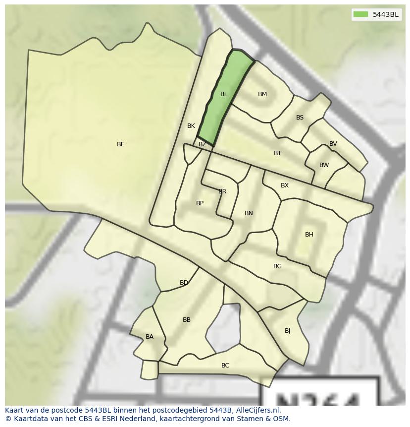 Afbeelding van het postcodegebied 5443 BL op de kaart.