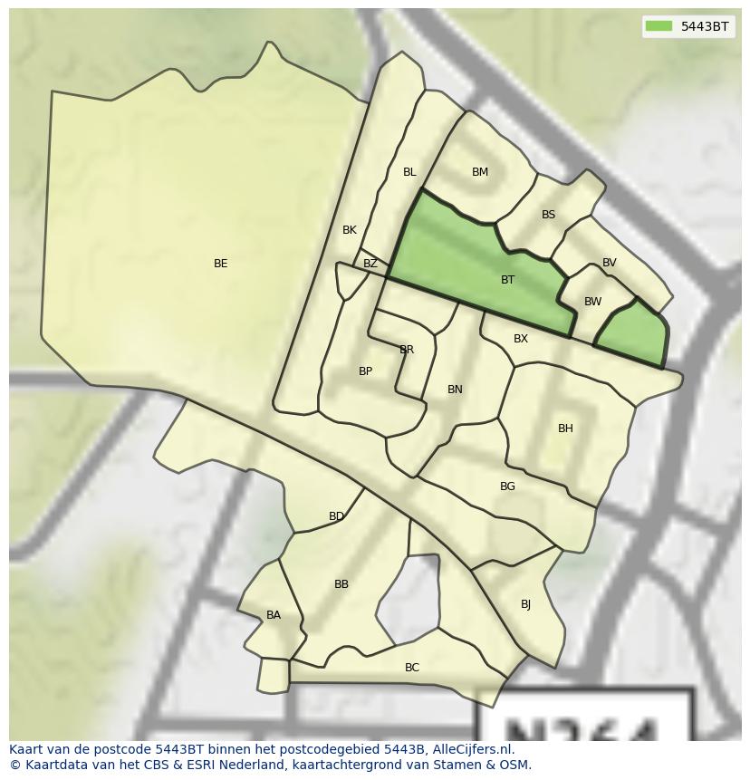 Afbeelding van het postcodegebied 5443 BT op de kaart.