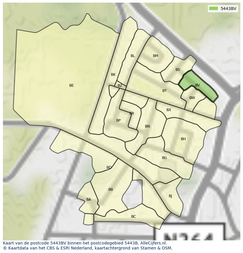 Afbeelding van het postcodegebied 5443 BV op de kaart.
