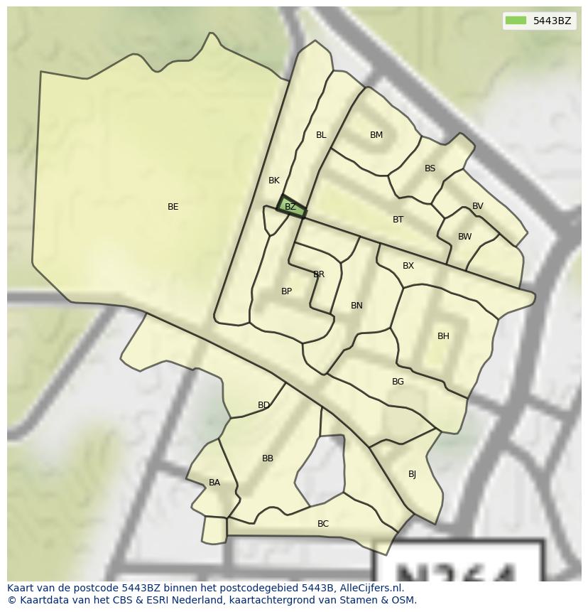Afbeelding van het postcodegebied 5443 BZ op de kaart.