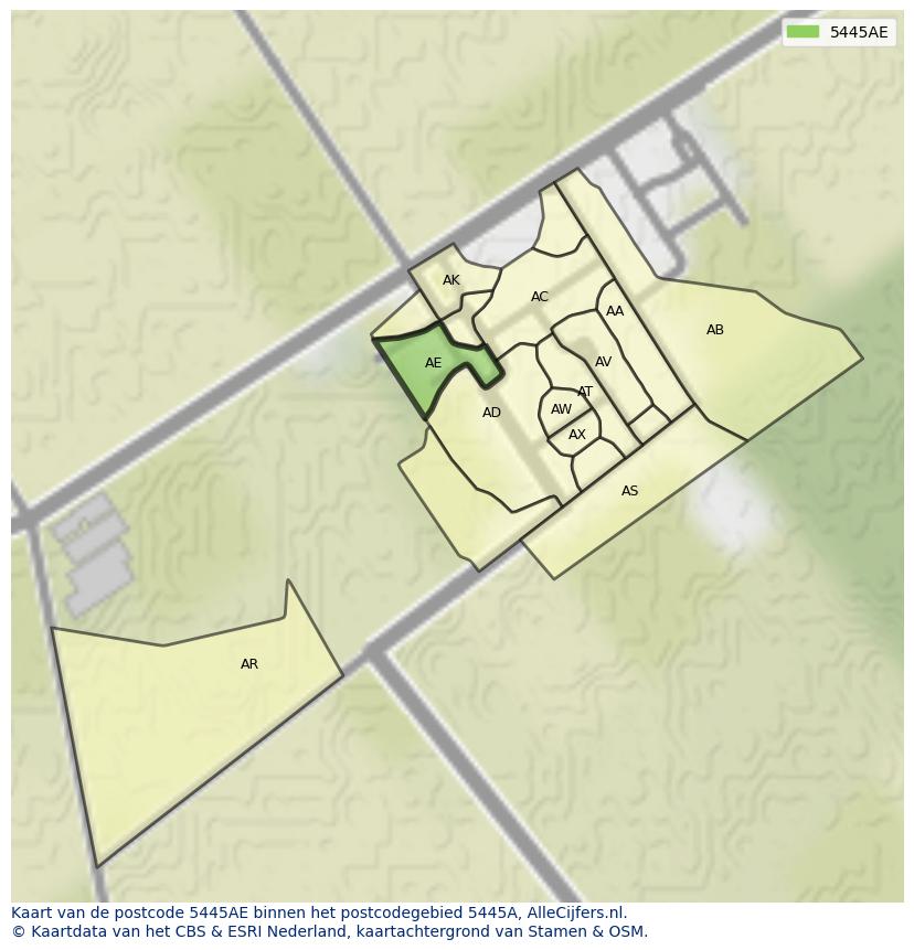 Afbeelding van het postcodegebied 5445 AE op de kaart.