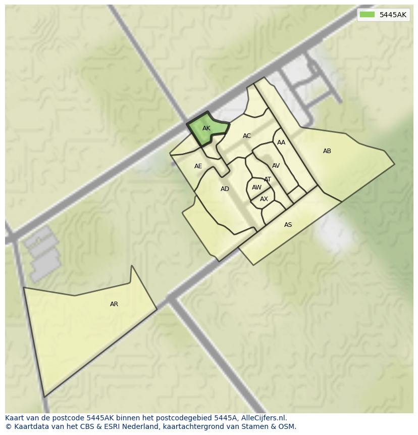 Afbeelding van het postcodegebied 5445 AK op de kaart.