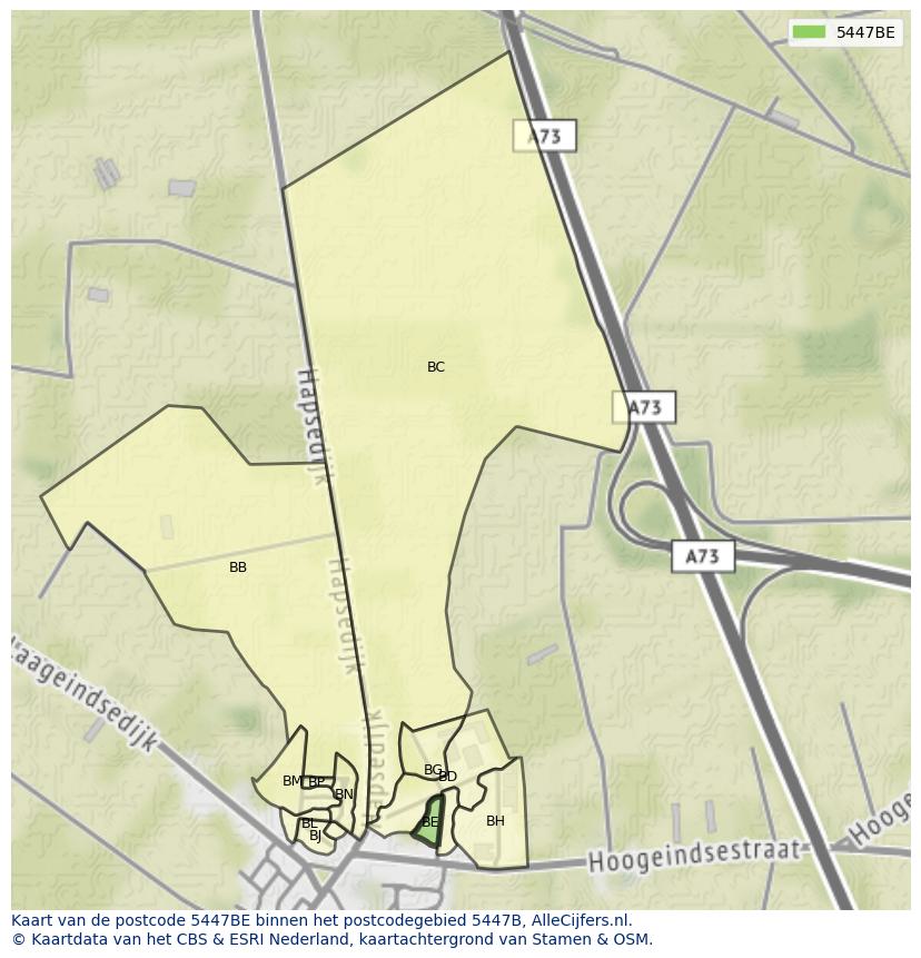 Afbeelding van het postcodegebied 5447 BE op de kaart.