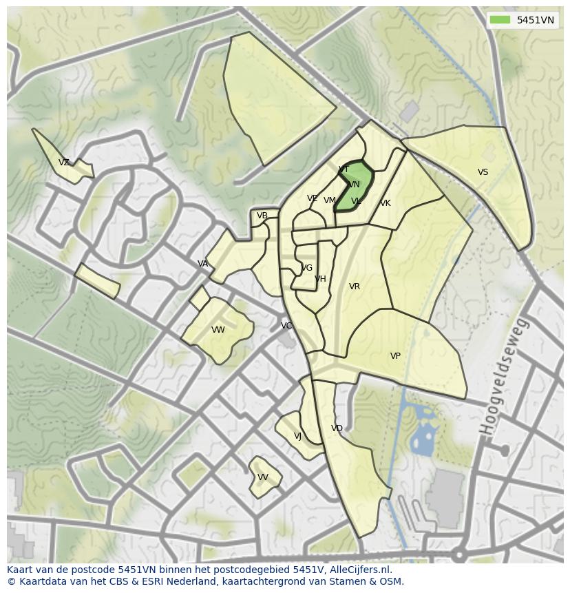 Afbeelding van het postcodegebied 5451 VN op de kaart.