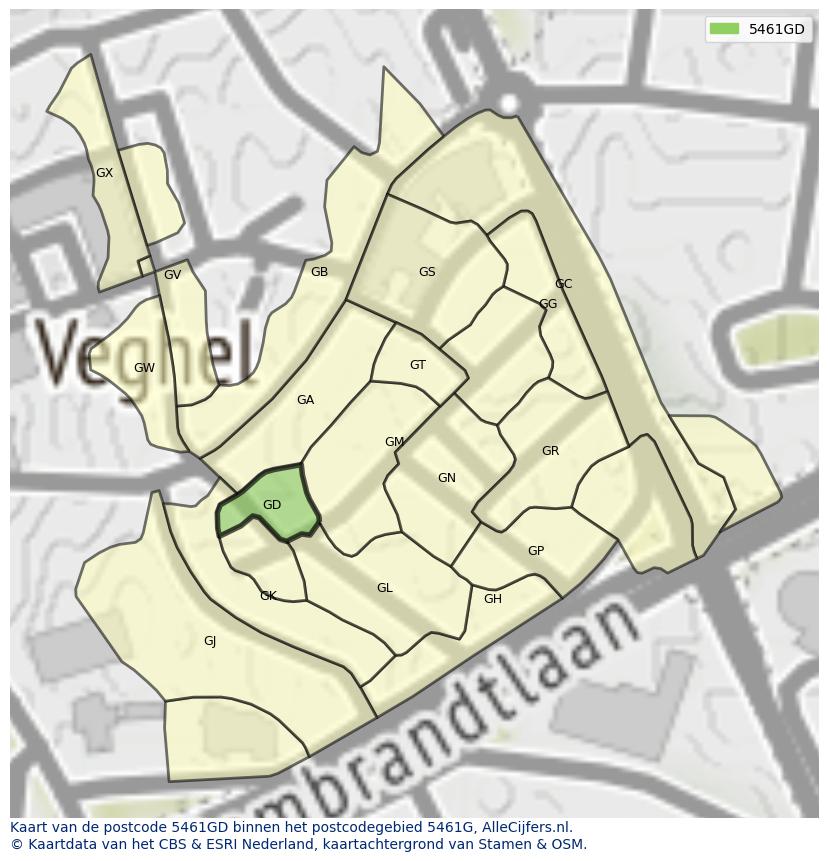 Afbeelding van het postcodegebied 5461 GD op de kaart.