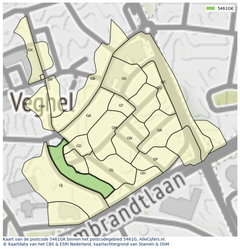 Afbeelding van het postcodegebied 5461 GK op de kaart.