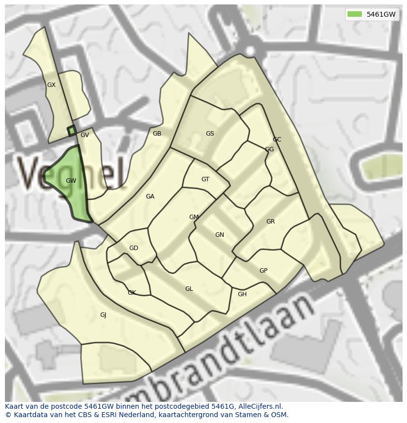 Afbeelding van het postcodegebied 5461 GW op de kaart.