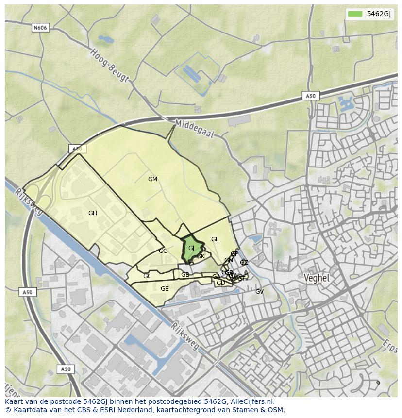 Afbeelding van het postcodegebied 5462 GJ op de kaart.