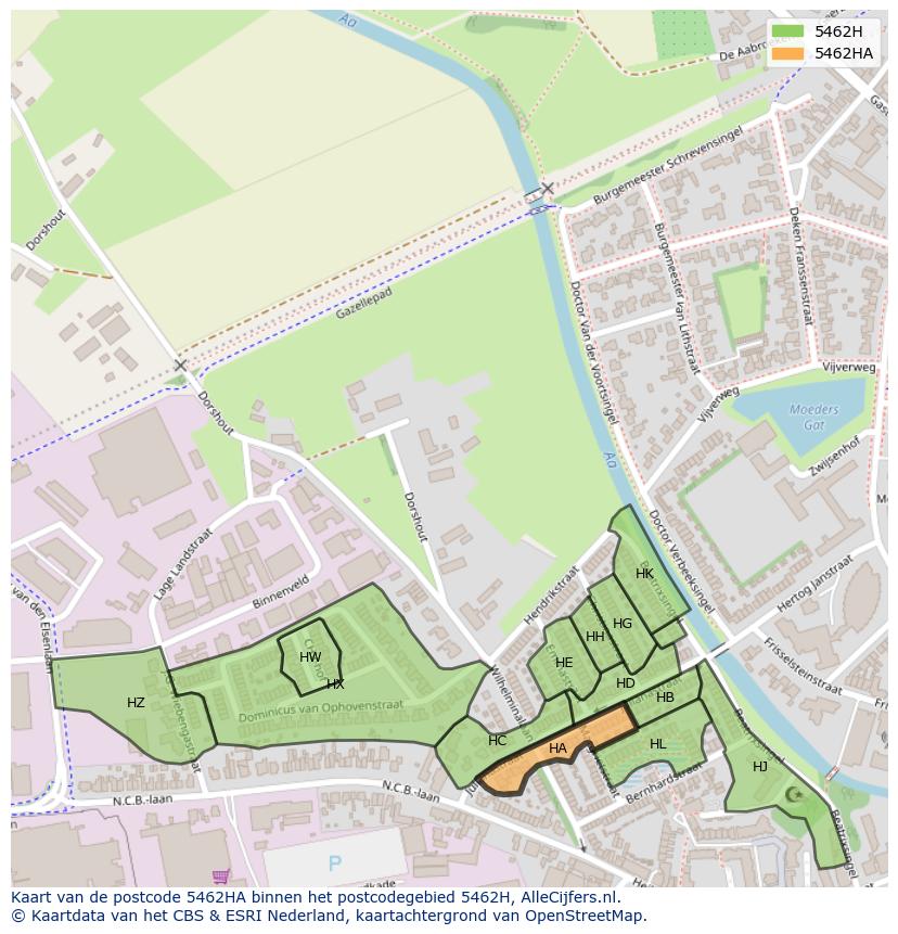 Afbeelding van het postcodegebied 5462 HA op de kaart.