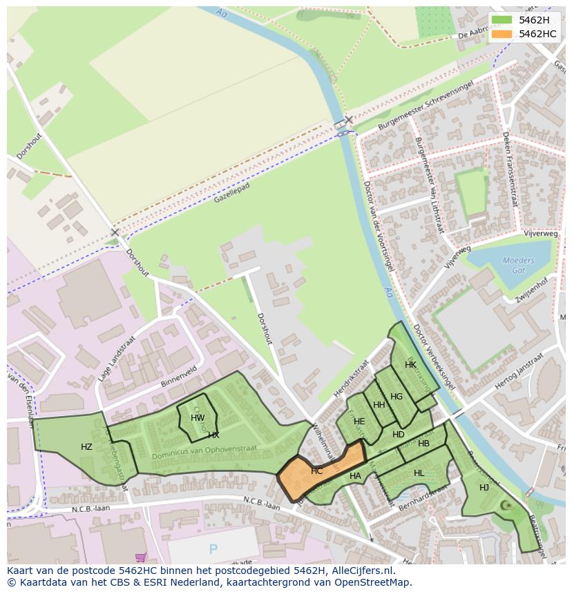 Afbeelding van het postcodegebied 5462 HC op de kaart.